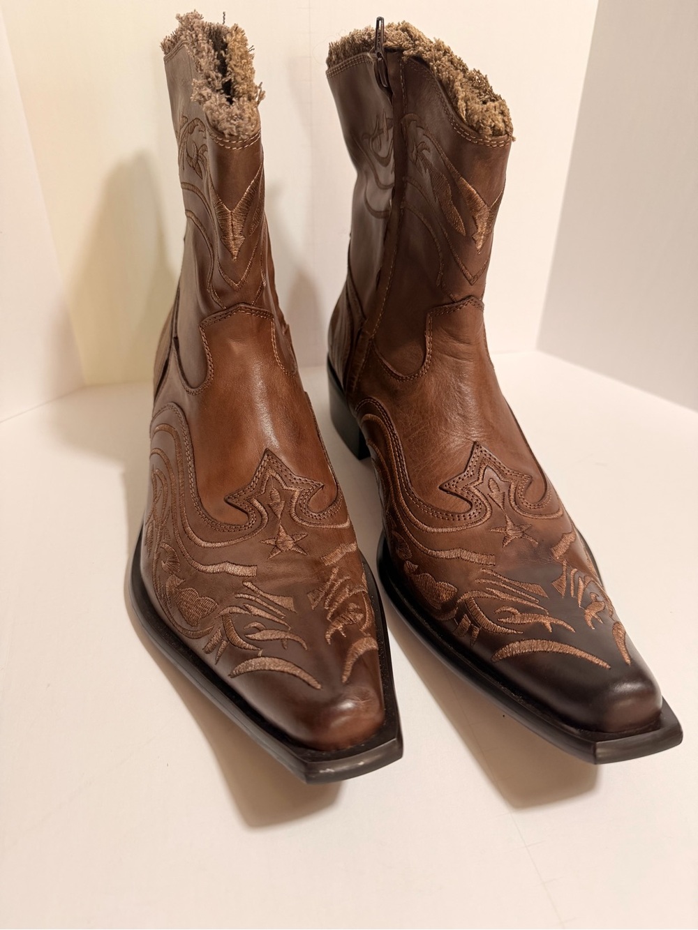 Aldo Brown Leather Embroidered Cowboy Boots with Shearling Lining